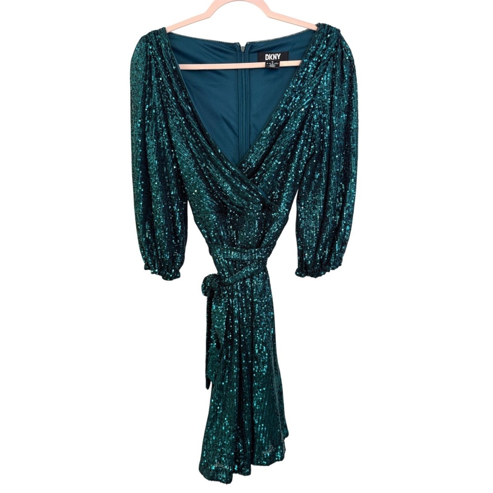 DKNY Mermaidcore Emerald Green Sequin V-Neck Wrap Front Mini Dress 14 - Picture 2 of 8